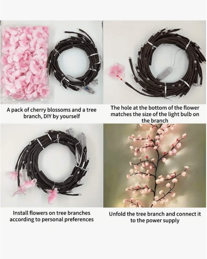 Cherry Blossom LED Branch Light - 8 Modes, USB Powered Wall Decor Garland