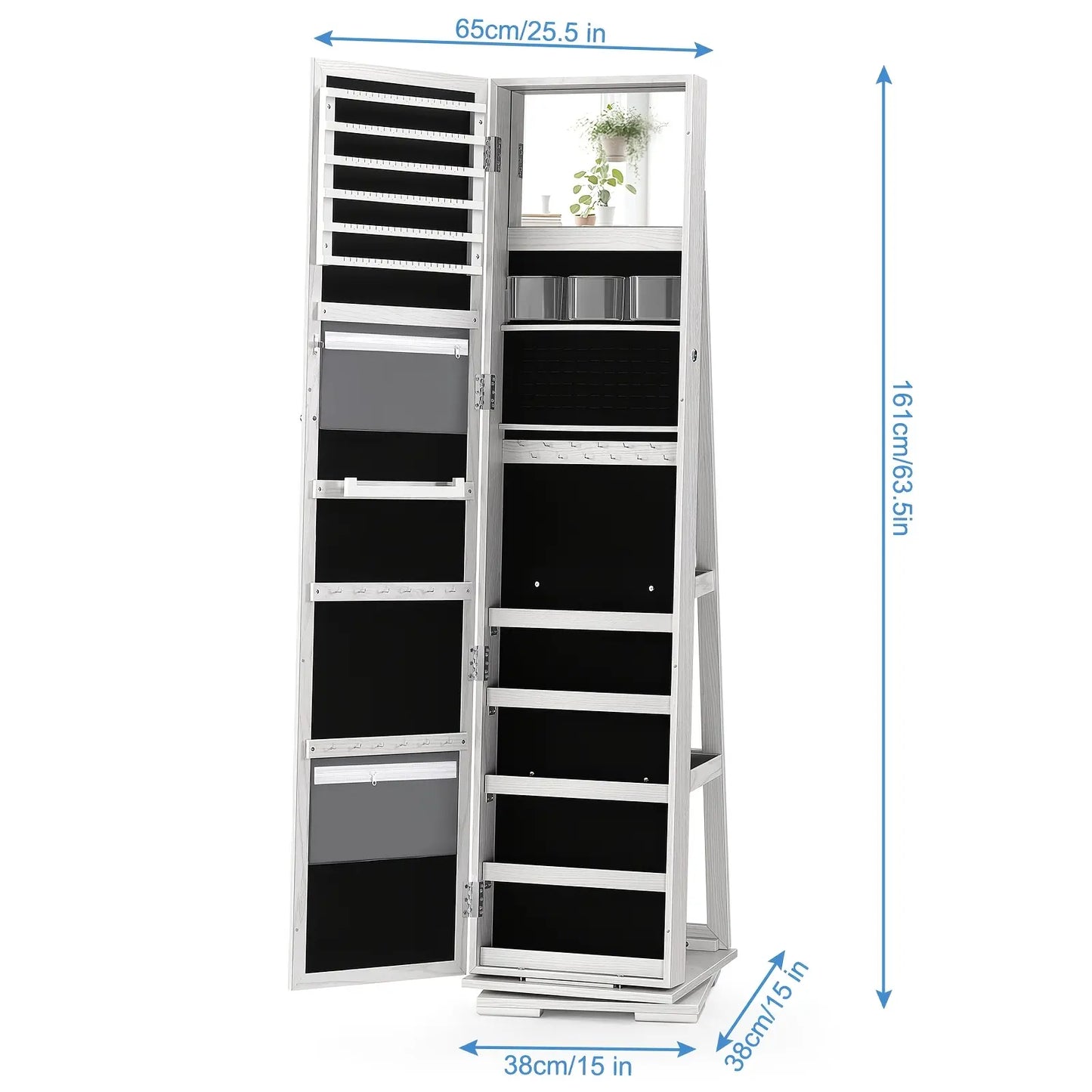 Elegant White 360 ° Rotating Jewelry Cabinet with Full-Length Mirror-Spacious Standing Storage Box, Soft Velvet Inside, Multi-One Compartment to Store Necklaces, Bracelets, Earrings and Beauty Products-Ideal Gift, Beauty Product Storage | Rotating Storage