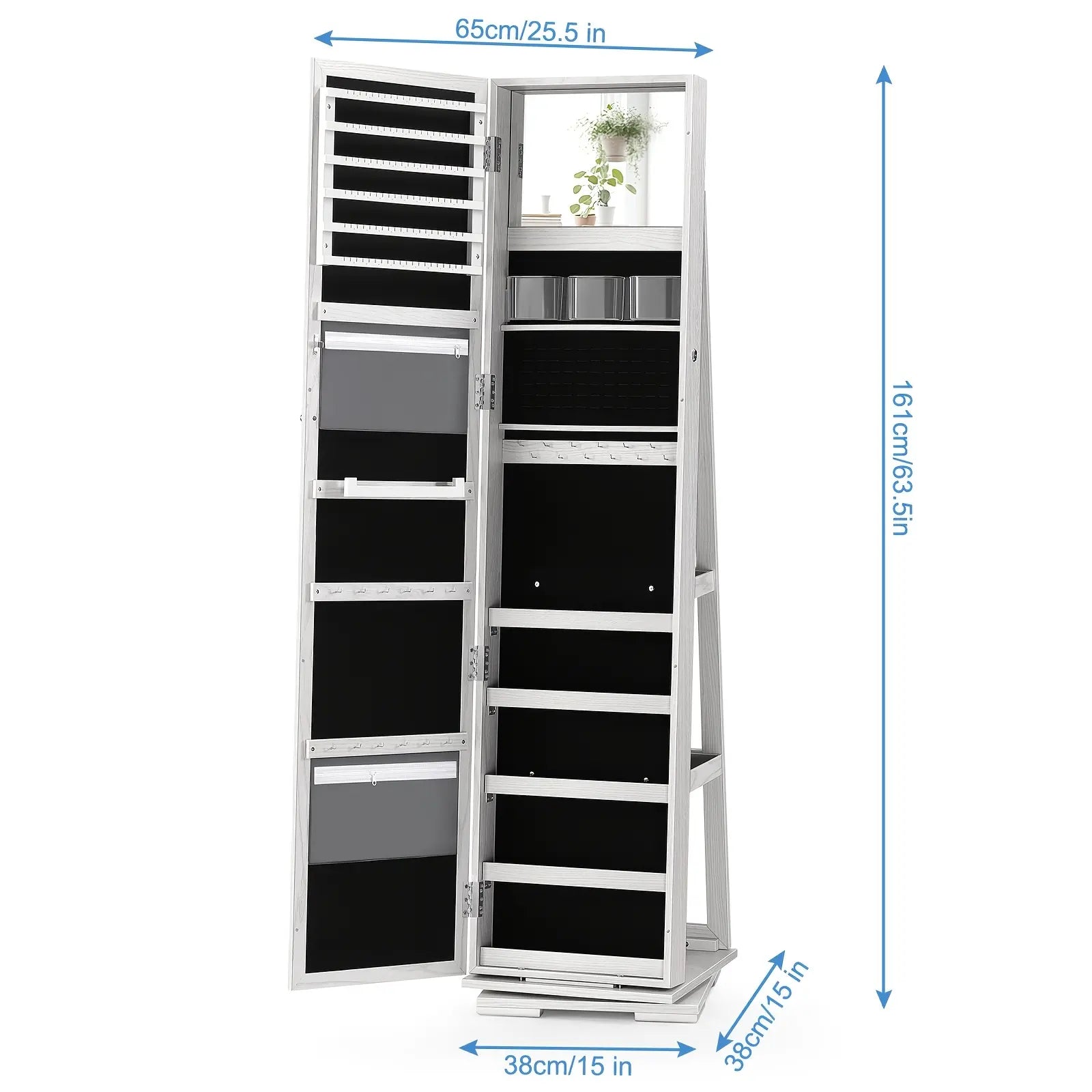 Elegant White 360 ° Rotating Jewelry Cabinet with Full-Length Mirror-Spacious Standing Storage Box, Soft Velvet Inside, Multi-One Compartment to Store Necklaces, Bracelets, Earrings and Beauty Products-Ideal Gift, Beauty Product Storage | Rotating Storage