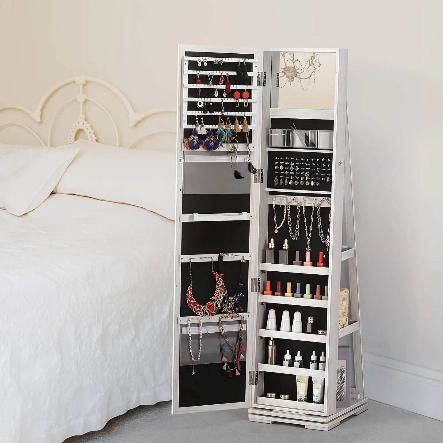 Elegant White 360 ° Rotating Jewelry Cabinet with Full-Length Mirror-Spacious Standing Storage Box, Soft Velvet Inside, Multi-One Compartment to Store Necklaces, Bracelets, Earrings and Beauty Products-Ideal Gift, Beauty Product Storage | Rotating Storage