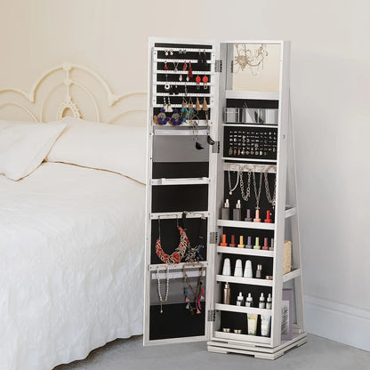 Elegant White 360 ° Rotating Jewelry Cabinet with Full-Length Mirror-Spacious Standing Storage Box, Soft Velvet Inside, Multi-One Compartment to Store Necklaces, Bracelets, Earrings and Beauty Products-Ideal Gift, Beauty Product Storage | Rotating Storage