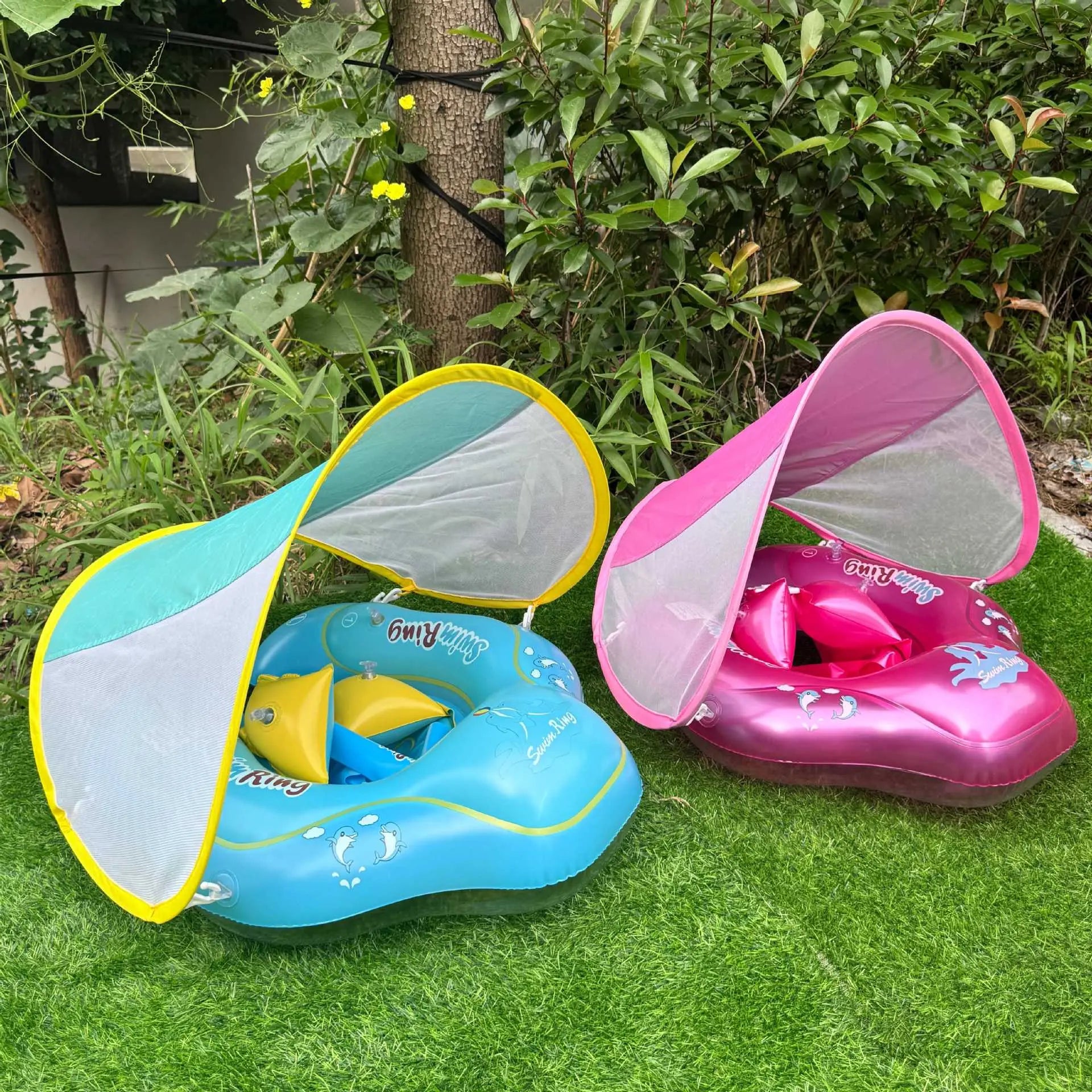 【Summervibes】Inflatable Swim Ring with Canopy, Kiddie Inflatable PVC Swim Ring with Sunshade, Water Play Sun Protection Lifebuoy, Beginner Swimming Inflatable Swim Ring, Inflatable Pool Floaters