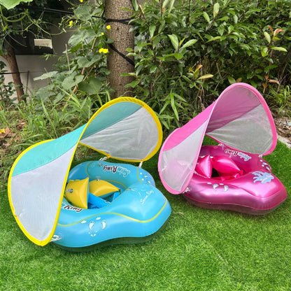 【Summervibes】Inflatable Swim Ring with Canopy, Kiddie Inflatable PVC Swim Ring with Sunshade, Water Play Sun Protection Lifebuoy, Beginner Swimming Inflatable Swim Ring, Inflatable Pool Floaters