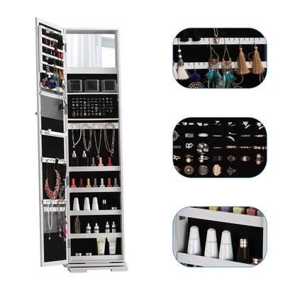Elegant White 360 ° Rotating Jewelry Cabinet with Full-Length Mirror-Spacious Standing Storage Box, Soft Velvet Inside, Multi-One Compartment to Store Necklaces, Bracelets, Earrings and Beauty Products-Ideal Gift, Beauty Product Storage | Rotating Storage