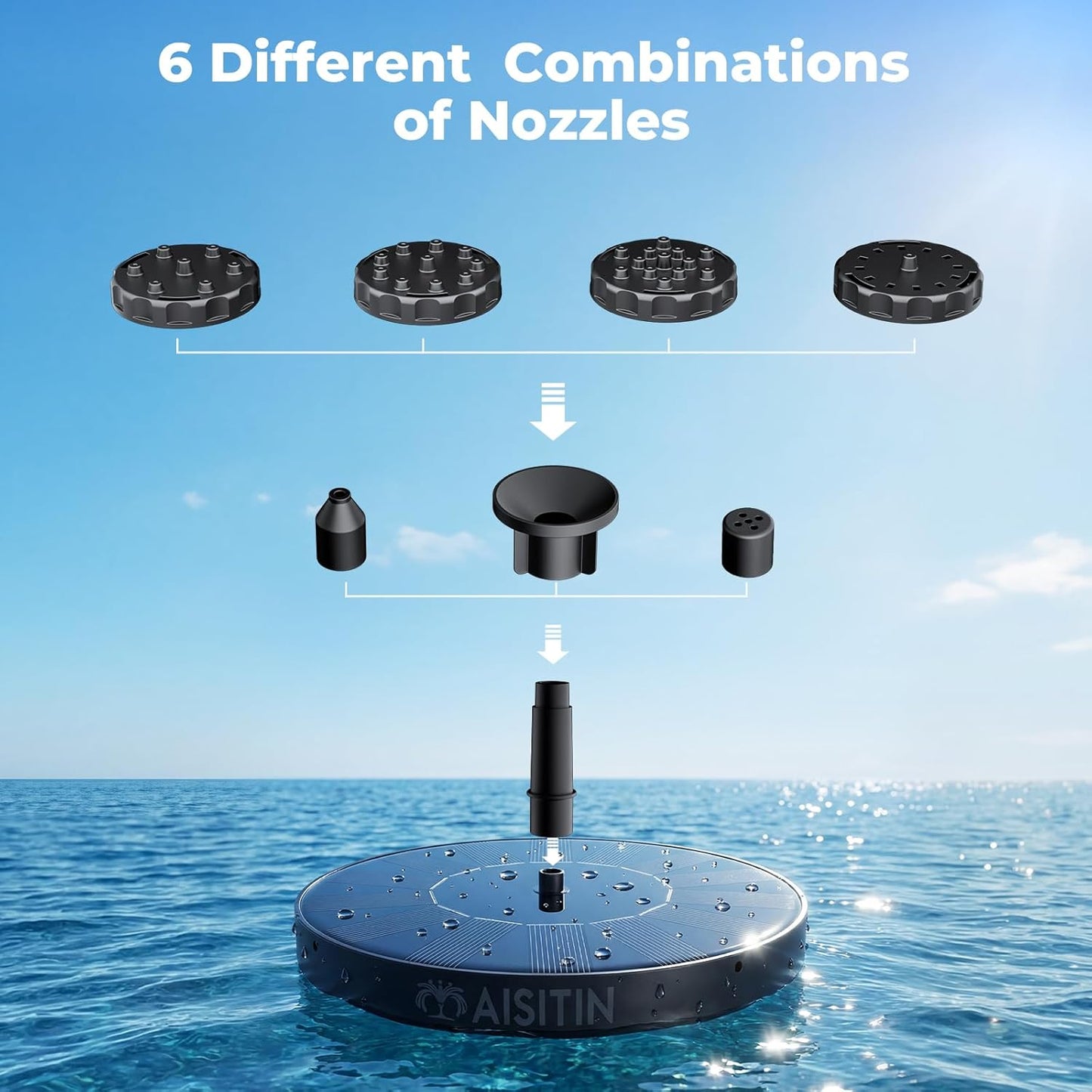 Solar Bird Bath Fountain with 6 Nozzles, Solar Powered Floating Water Fountain Pump for Bird Bath, Pond, Pool, Garden, Fish Tank and Outdoor