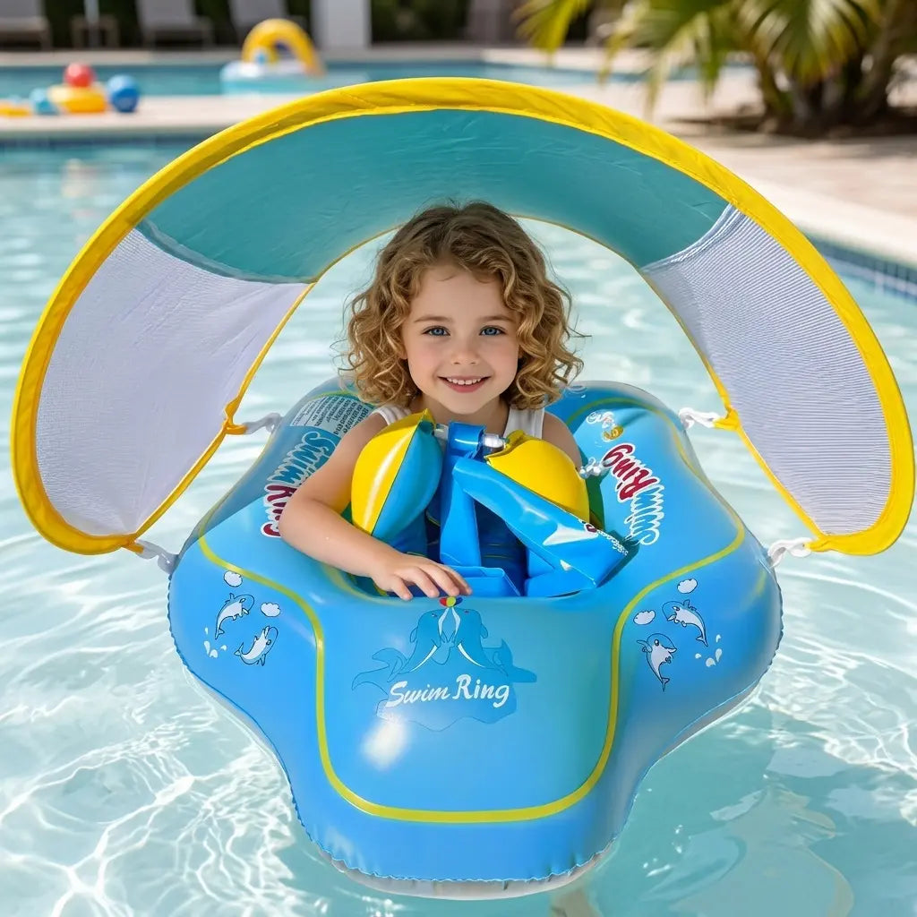 【Summervibes】Inflatable Swim Ring with Canopy, Kiddie Inflatable PVC Swim Ring with Sunshade, Water Play Sun Protection Lifebuoy, Beginner Swimming Inflatable Swim Ring, Inflatable Pool Floaters
