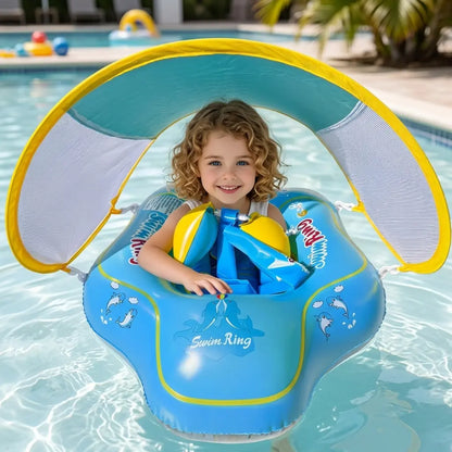 【Summervibes】Inflatable Swim Ring with Canopy, Kiddie Inflatable PVC Swim Ring with Sunshade, Water Play Sun Protection Lifebuoy, Beginner Swimming Inflatable Swim Ring, Inflatable Pool Floaters