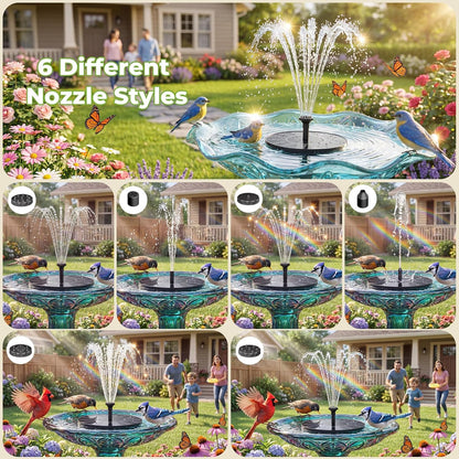 Solar Bird Bath Fountain with 6 Nozzles, Solar Powered Floating Water Fountain Pump for Bird Bath, Pond, Pool, Garden, Fish Tank and Outdoor