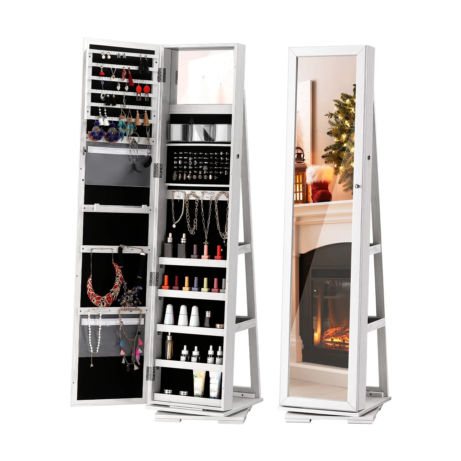 Elegant White 360 ° Rotating Jewelry Cabinet with Full-Length Mirror-Spacious Standing Storage Box, Soft Velvet Inside, Multi-One Compartment to Store Necklaces, Bracelets, Earrings and Beauty Products-Ideal Gift, Beauty Product Storage | Rotating Storage
