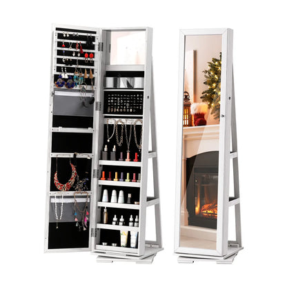 Elegant White 360 ° Rotating Jewelry Cabinet with Full-Length Mirror-Spacious Standing Storage Box, Soft Velvet Inside, Multi-One Compartment to Store Necklaces, Bracelets, Earrings and Beauty Products-Ideal Gift, Beauty Product Storage | Rotating Storage