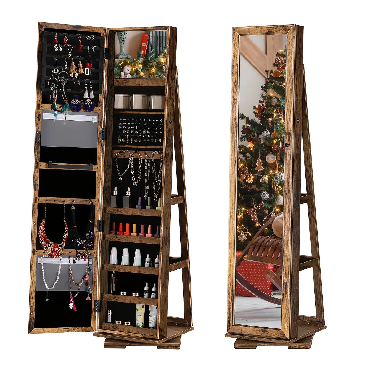 Elegant White 360 ° Rotating Jewelry Cabinet with Full-Length Mirror-Spacious Standing Storage Box, Soft Velvet Inside, Multi-One Compartment to Store Necklaces, Bracelets, Earrings and Beauty Products-Ideal Gift, Beauty Product Storage | Rotating Storage