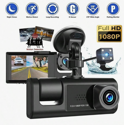 3-Channel 1080P Full HD Dash Cam - Front, Cabin & Rear Car Camera with Night Vision & Parking Monitor