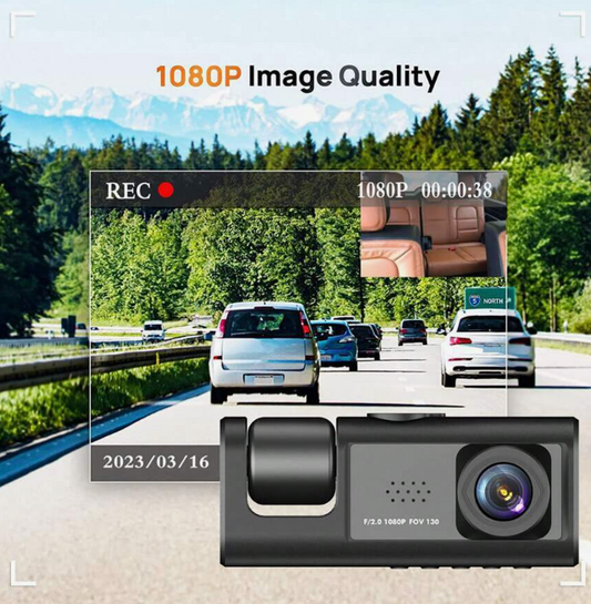3-Channel 1080P Full HD Dash Cam - Front, Cabin & Rear Car Camera with Night Vision & Parking Monitor