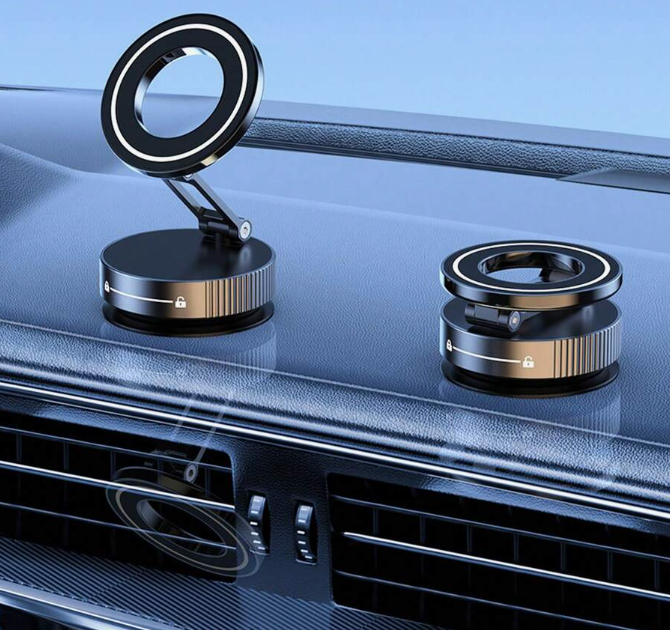 360° Magnetic Vacuum Suction Car Phone Mount - Foldable MagSafe Compatible Dashboard Holder
