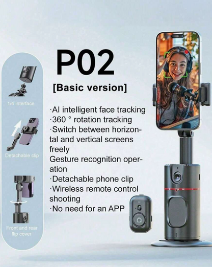 360° Auto Face Tracking Smart Gimbal Stabilizer - Foldable Selfie Stick Tripod with Detachable Phone Clip