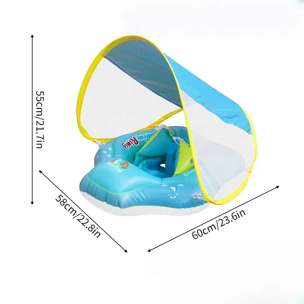 【Summervibes】Inflatable Swim Ring with Canopy, Kiddie Inflatable PVC Swim Ring with Sunshade, Water Play Sun Protection Lifebuoy, Beginner Swimming Inflatable Swim Ring, Inflatable Pool Floaters