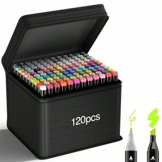 120 Vibrant Dual Tip Alcohol Markers Set with Convenient Pen Holder - Perfect for Coloring, Painting, Sketching, and Illustrations!